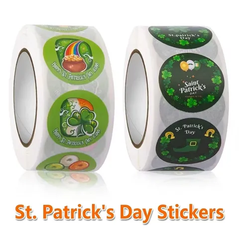 St Patrick's Day Round Adhesive Stickers Roll Green Shamrock Gold Pot Rainbow Horseshoe Beer Sealing Labels For Party Decor