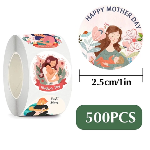 Adesivi Sigillanti Rotondi Happy Mother's Day in Rame Illustrazione Floreale Madre Figlio Etichette Decorative Regalo