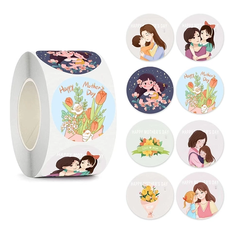 Adesivi Sigillanti Rotondi Happy Mother's Day in Rame Illustrazione Floreale Madre Figlio Etichette Decorative Regalo