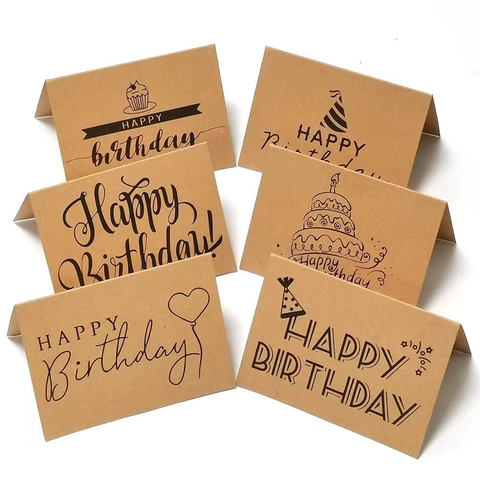 Cartes de Vœux d'Anniversaire en Papier Kraft Minimaliste Dessinées Main Cupcake Gâteau Cœur Cartes Pliables pour Cadeaux Fête