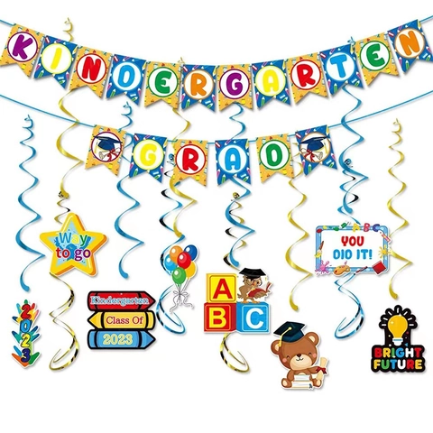 Kindergarten Abschlussfeier Party Dekoration Set Grad Banner Spiralaufhängung Doktorhut Ballon Eule Bunt Klassenzimmer Dekor