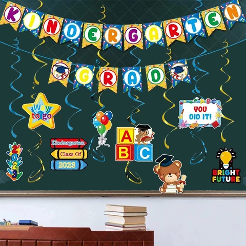 Kindergarten Abschlussfeier Party Dekoration Set Grad Banner Spiralaufhängung Doktorhut Ballon Eule Bunt Klassenzimmer Dekor