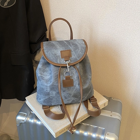 Zaino da Donna in Tela e Pelle PU Vintage Stile Coreano Retrò Casual Pendolarismo Coulisse Piccolo Zaino alla Moda Quotidiano