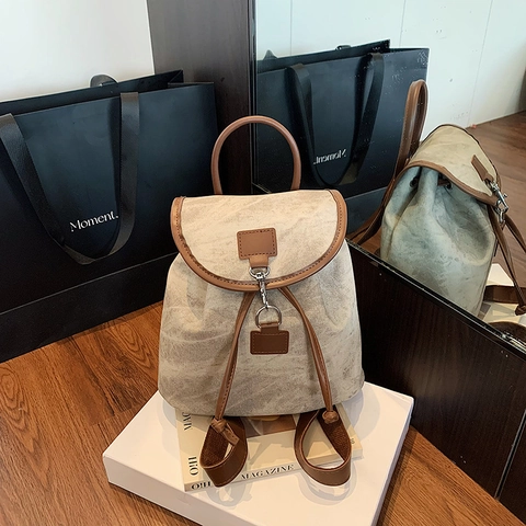Zaino da Donna in Tela e Pelle PU Vintage Stile Coreano Retrò Casual Pendolarismo Coulisse Piccolo Zaino alla Moda Quotidiano