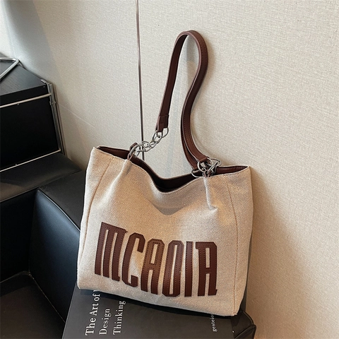 Borsa Tote in Tela Donna Grande Capacità Semplice Lettera Stampata Borsa a Spalla Con Tracolla in Pelle Sintetica e Catena