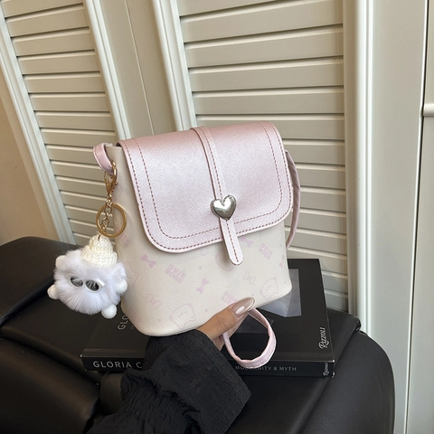 Borsa a Secchiello Mini da Donna in Pelle PU Con Lucchetto a Cuore Borsa a Tracolla Stampa Gatto Cartone Animato Borsa a Spalla Quadrata