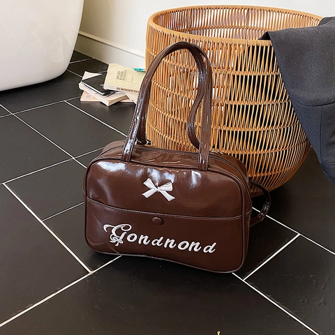 Zaino in Pelle PU Lucida Con Fiocco Per Donna Moda Ricamo Lettere Borsa a Tracolla Versatile Borsa da Scuola Viaggio