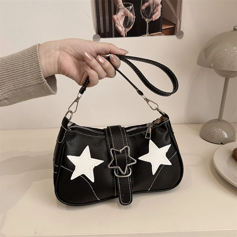 Borsa Sottobraccio Trendy Y2K in Pelle PU con Motivo a Stelle per Donna Cuciture a Contrasto Fibbia a Stella in Metallo