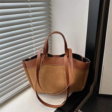 Bolso de Mano Grande Capacidad Bloques de Color para Mujer Con Bolsa Interior Cuero PU Gamuza para Trabajo Diario