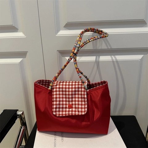 Women Large Capacity Nylon Canvas Shoulder Tote Bag Korean Fashion Denim Patchwork Bow Cat Print Handbag For Daily Commute