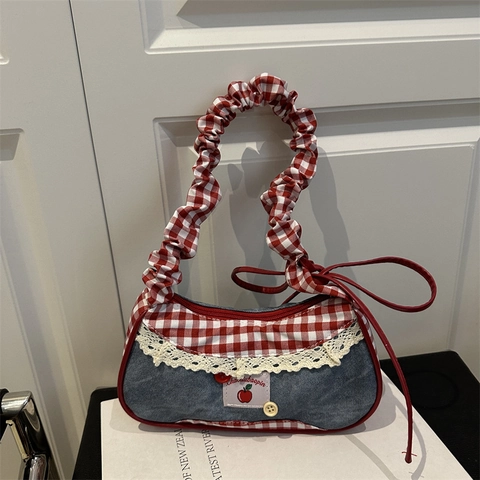 Canvas Ruit Patchwork Schoudertas Voor Dames Grote Capaciteit Bedrukte Strik Ruches Band Forensen Tote Bag Stedelijk Minimalistisch