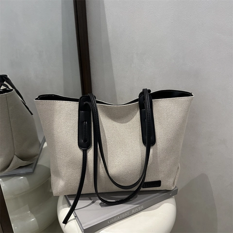Damen Tragetasche Mit Großer Kapazität Lässige Segeltuch Schultertasche Mit Kunstledergriff Mode Pendeln Handtasche
