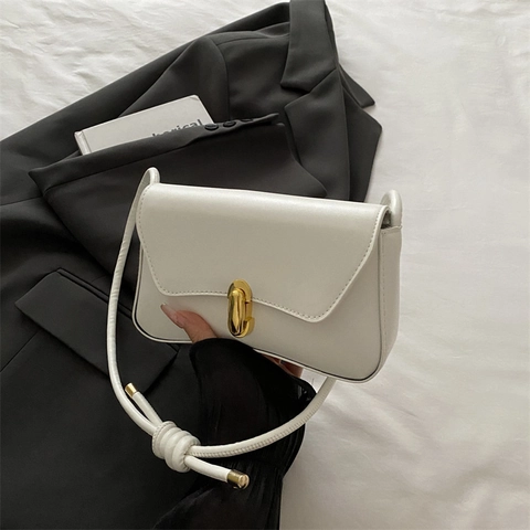 Bolso de Hombro para Mujer de Cuero PU Minimalista Correa Anudada Color Sólido Hebilla de Bloqueo Dorada Bolso Cuadrado Pequeño