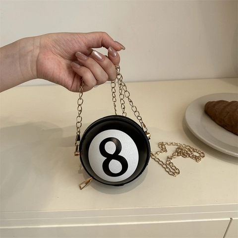 Creative 8 Ball Round Crossbody Bag Women PU Leather Mini Chain Shoulder Bag Trendy Billiard Purse Party Decorative Bag