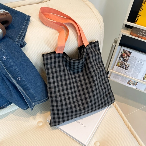 Women Canvas Tote Bag Large Capacity Striped Grid Pattern Contrast Color Handle Casual Shoulder Shopping Bag Daily Handbag