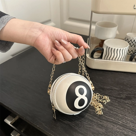 Creative 8 Ball Round Crossbody Bag Women PU Leather Mini Chain Shoulder Bag Trendy Billiard Purse Party Decorative Bag