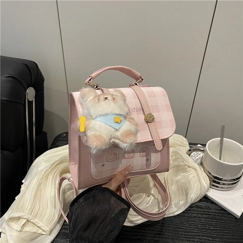 Mini Mochila Linda para Mujer Cuero PU Cuadros Gingham Bolso de Mano Oso de Dibujos Animados Bolso de Hombro Cruzado Para Viajes Diarios Estilo Preppy Chicas Con Llavero de Peluche