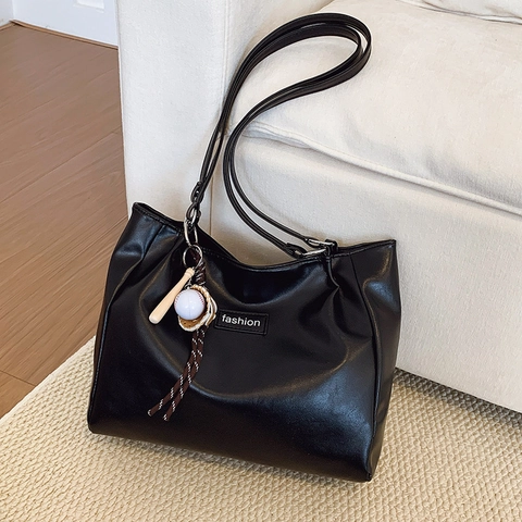 Bolso Tote de Cuero PU de Gran Capacidad para Mujer Moda Color Sólido Bolso de Hombro Con Colgante de Béisbol