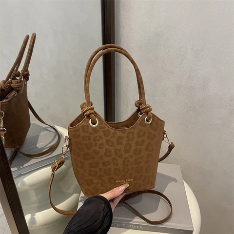 Damen Leopardenmuster PU Leder Eimertasche Knotengriff Wildleder Optik Handtasche Verstellbarer Gurt Umhängetasche