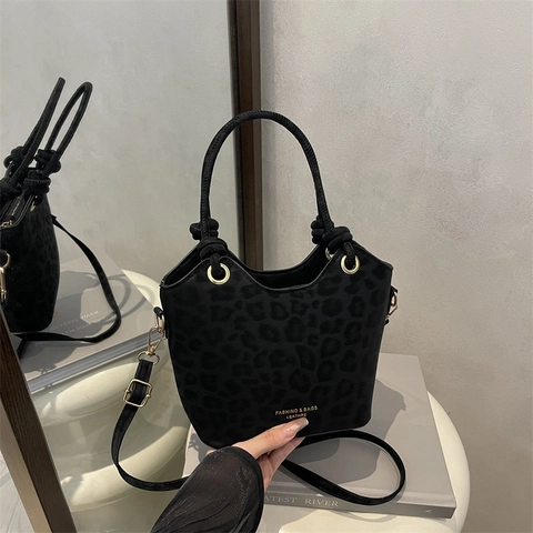 Damen Leopardenmuster PU Leder Eimertasche Knotengriff Wildleder Optik Handtasche Verstellbarer Gurt Umhängetasche