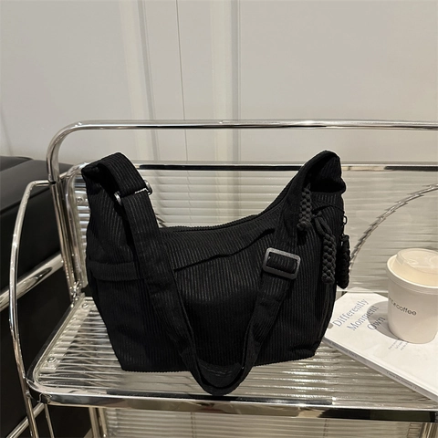Women's Vintage Corduroy Hobo Bag Large Capacity Solid Color Shoulder Bag With Braided Zipper Pull Casual Commuter Crossbody Bag