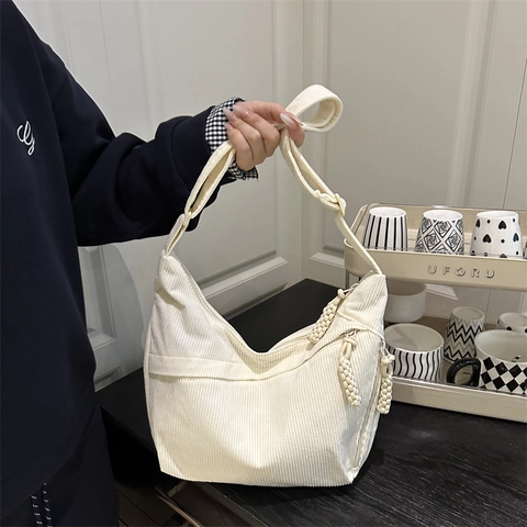 Women's Vintage Corduroy Hobo Bag Large Capacity Solid Color Shoulder Bag With Braided Zipper Pull Casual Commuter Crossbody Bag
