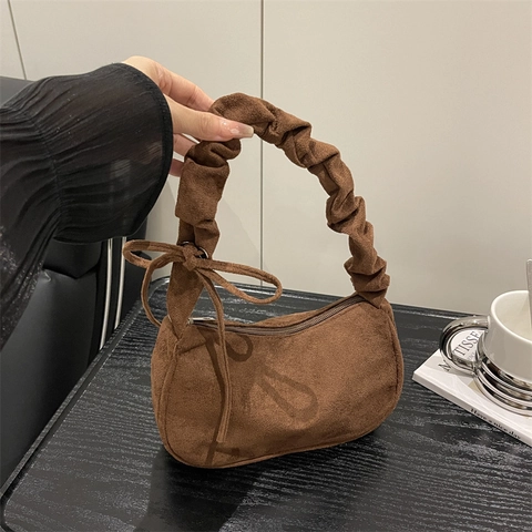 Bolso de Axila Plisado para Mujer Bolso de Mano de Cuero PU Con Lazo Color Sólido Elegante Bolso de Hombro para Diario