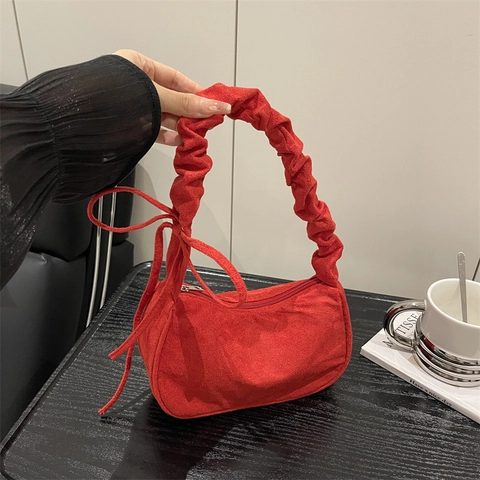 Bolso de Axila Plisado para Mujer Bolso de Mano de Cuero PU Con Lazo Color Sólido Elegante Bolso de Hombro para Diario