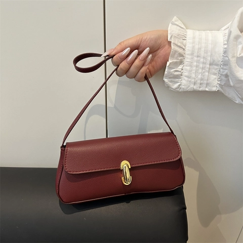 Minimalist PU Leather Underarm Bag For Women Retro Solid Color Litchi Texture Baguette Bag With Metal Lock Handle Shoulder Bag