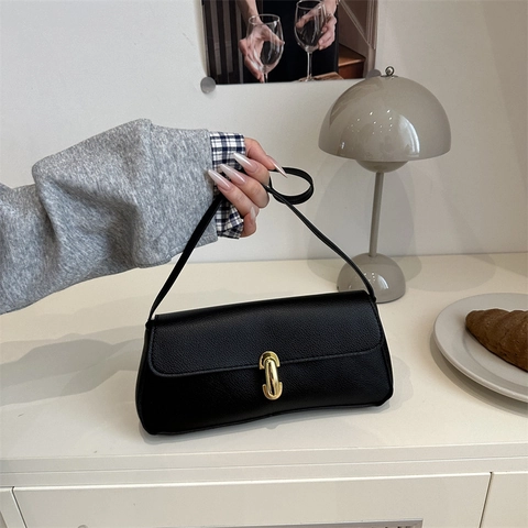 Minimalist PU Leather Underarm Bag For Women Retro Solid Color Litchi Texture Baguette Bag With Metal Lock Handle Shoulder Bag