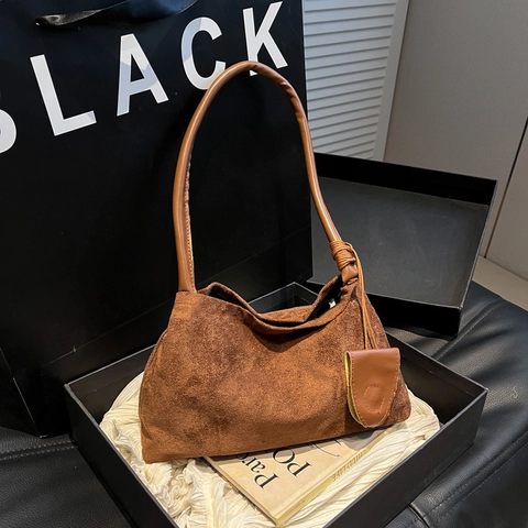 Bolso de Hombro Retro de Gamuza para Mujer Vintage Minimalista Color Sólido Bolso de Mano con Colgante de Micro Bolso Tote