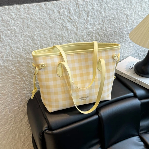 Women Large Capacity PU Checkered Tote Bag All-Match Gingham Shoulder Bag Fashion Daily Commute School Handbag