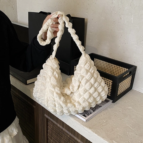 Borsa a Spalla da Donna con Trama Popcorn Minimalista Pieghettata Nuvola Shopping Quotidiano Versatile Tinta Unita
