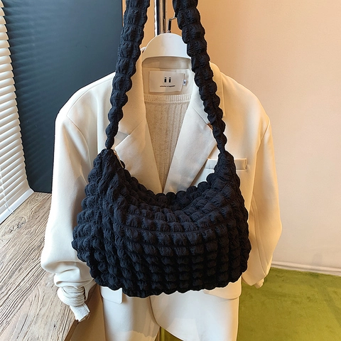Borsa a Spalla da Donna con Trama Popcorn Minimalista Pieghettata Nuvola Shopping Quotidiano Versatile Tinta Unita