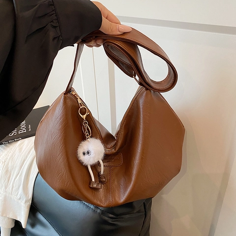 Women Vintage PU Leather Tote Bag Large Capacity Shoulder Bag With Plush Monster Charm Urban Commuter Handbag