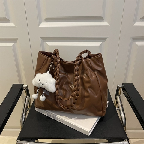 Borsa Tote Plissettata di Grande Capacità da Donna Borsa a Tracolla in Pelle PU Urban Simple Con Manico Intrecciato e Ciondolo a Nuvola