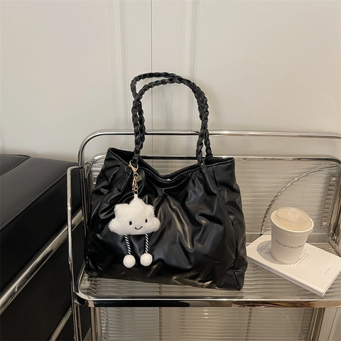 Borsa Tote Plissettata di Grande Capacità da Donna Borsa a Tracolla in Pelle PU Urban Simple Con Manico Intrecciato e Ciondolo a Nuvola