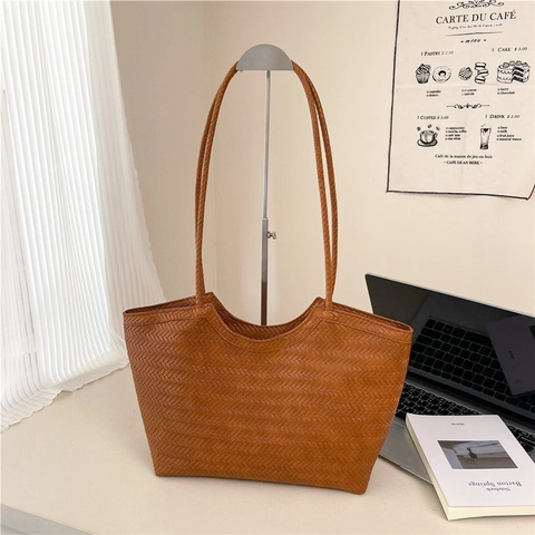 Damen Retro Gewebte PU Leder Tote Tasche Minimalistische Große Kapazität Schultertasche Unterarm Handtasche Für Den Täglichen Weg