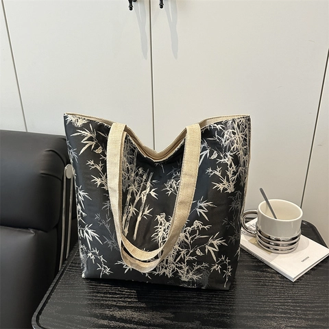 Neuer Chinesischer Stil Bambus Druck Einkaufstasche Große Kapazität Leinwand Umhängetasche Für Damen Pendeln Student Handtasche