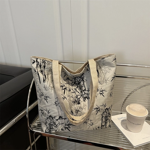 Neuer Chinesischer Stil Bambus Druck Einkaufstasche Große Kapazität Leinwand Umhängetasche Für Damen Pendeln Student Handtasche