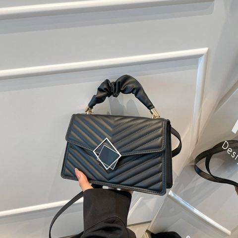 Women V-Shaped Quilted Crossbody Bag Ruched Handle Shoulder Bag With Golden Square Buckle PU Leather Small Square Bag