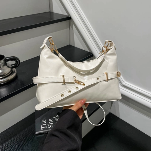 Vintage Glänzende PU Leder Achseltasche Für Damen Minimalistische Hobo Schultertasche Mit Verstellbarem Gürtelriemen Gold Hardware