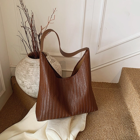 Vintage Große Kapazität Gewebte Schultertasche Für Damen PU Leder Tote Hobo Tasche Pendler Handtasche Mit Webmuster