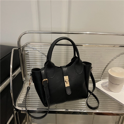 Bolso de Cubo de Cuero PU Vintage para Mujer Moda Cerradura de Metal Dorado Bolso de Hombro Cruzado Minimalista