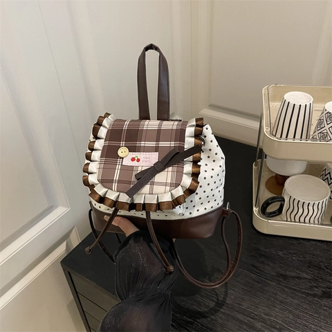 Süßer Japanischer Stil Gingham Stern Mini Rucksack Für Damen Mode PU Segeltuch Kirsche Schleife Rüschen Kleiner Schulrucksack