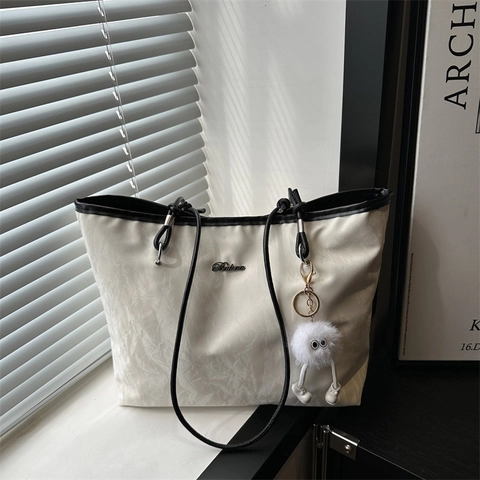 Women Large Capacity Tote Bag Wrinkled Synthetic Leather Shoulder Bag With Plush Monster Pendant Contrast Handle Casual Commute