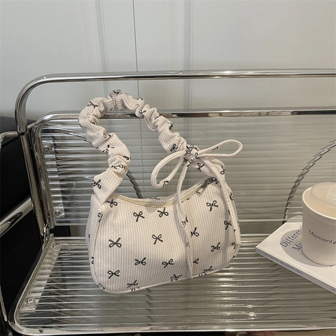 Damen Cord Umhängetasche Mit Schleife Geraffter Griff Vintage Süß Hobo Baguette Unterachseltasche Reißverschluss Casual Alltag Handtasche