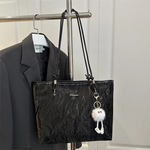 Women Large Capacity Tote Bag Wrinkled Synthetic Leather Shoulder Bag With Plush Monster Pendant Contrast Handle Casual Commute