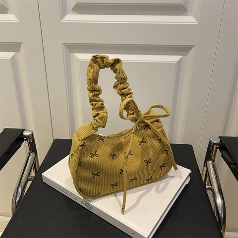 Damen Cord Umhängetasche Mit Schleife Geraffter Griff Vintage Süß Hobo Baguette Unterachseltasche Reißverschluss Casual Alltag Handtasche
