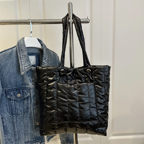 Women Large Capacity Quilted Puffer Tote Bag Metallic Lightweight Shoulder Bag For Autumn Winter Commuting Travel Fashion